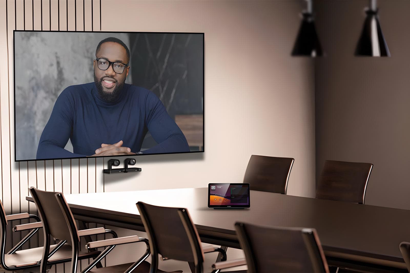 Modern conference room with professional audio visual equipment